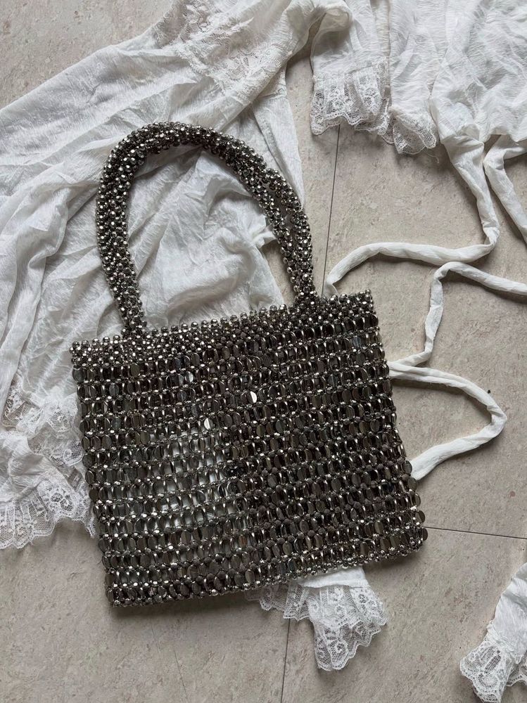 Sparkling Silver Beaded Tote Bag