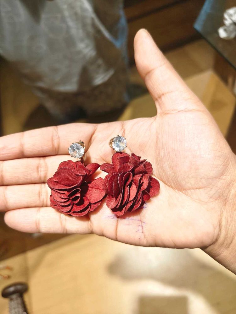 Red Floral Earrings with Crystal Studs