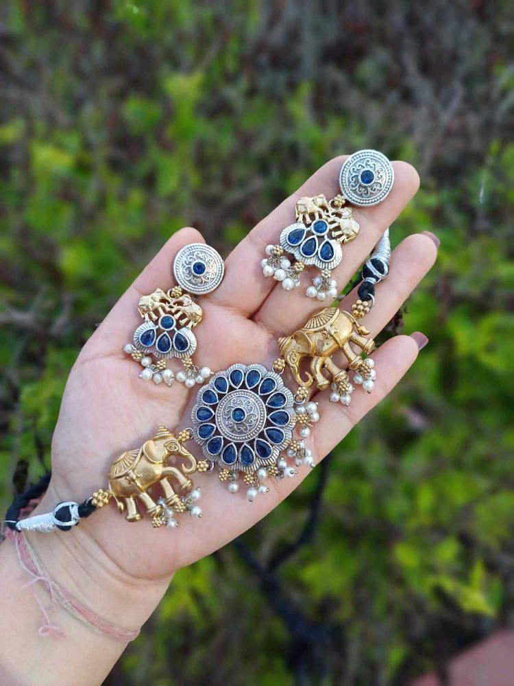 Brass dual choker navy blue earring set