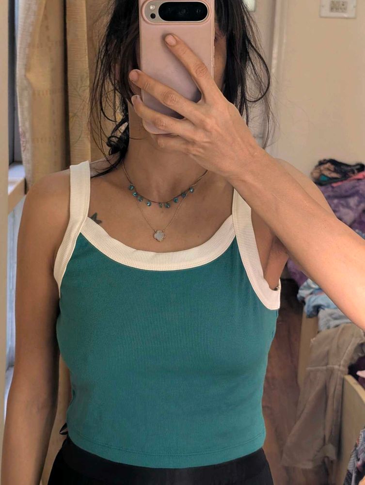 Teal &amp; White Trim Crop Top