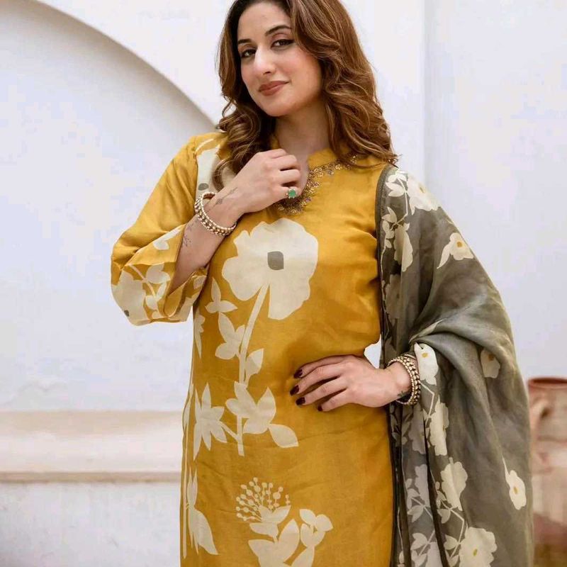 Floral Print Mustard Kurta Set