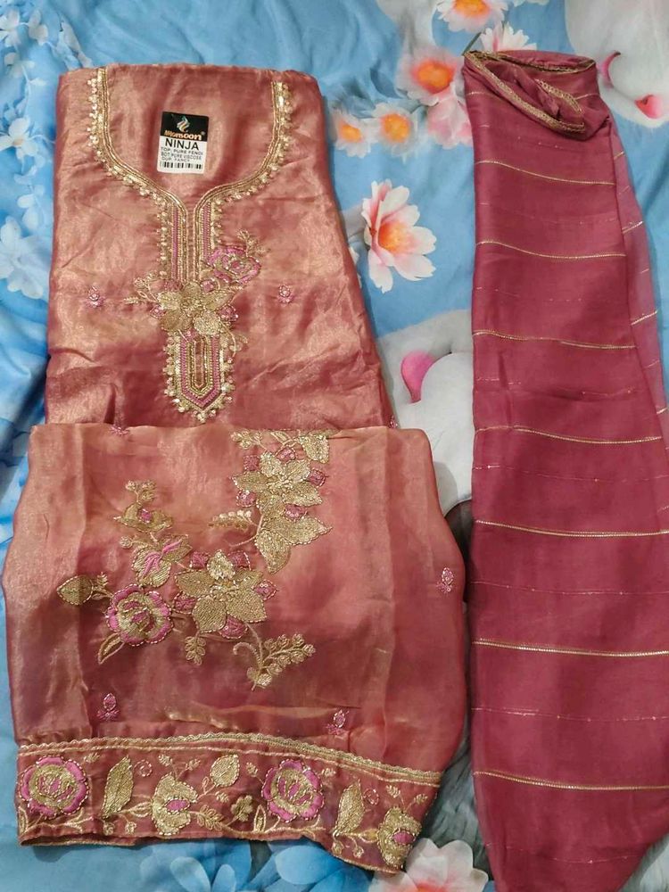 Embroidered fendi silk suit 4 side lace dupatta