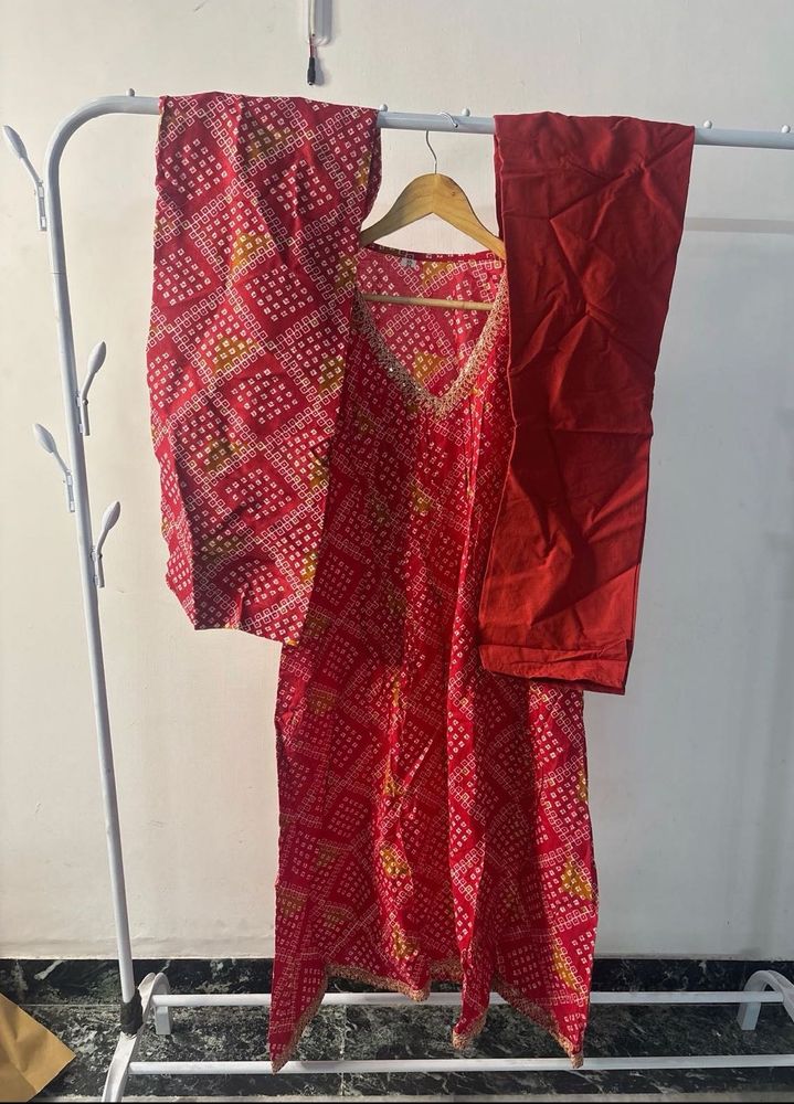 Vibrant Red Bandhani Kurta Set with Dupatta