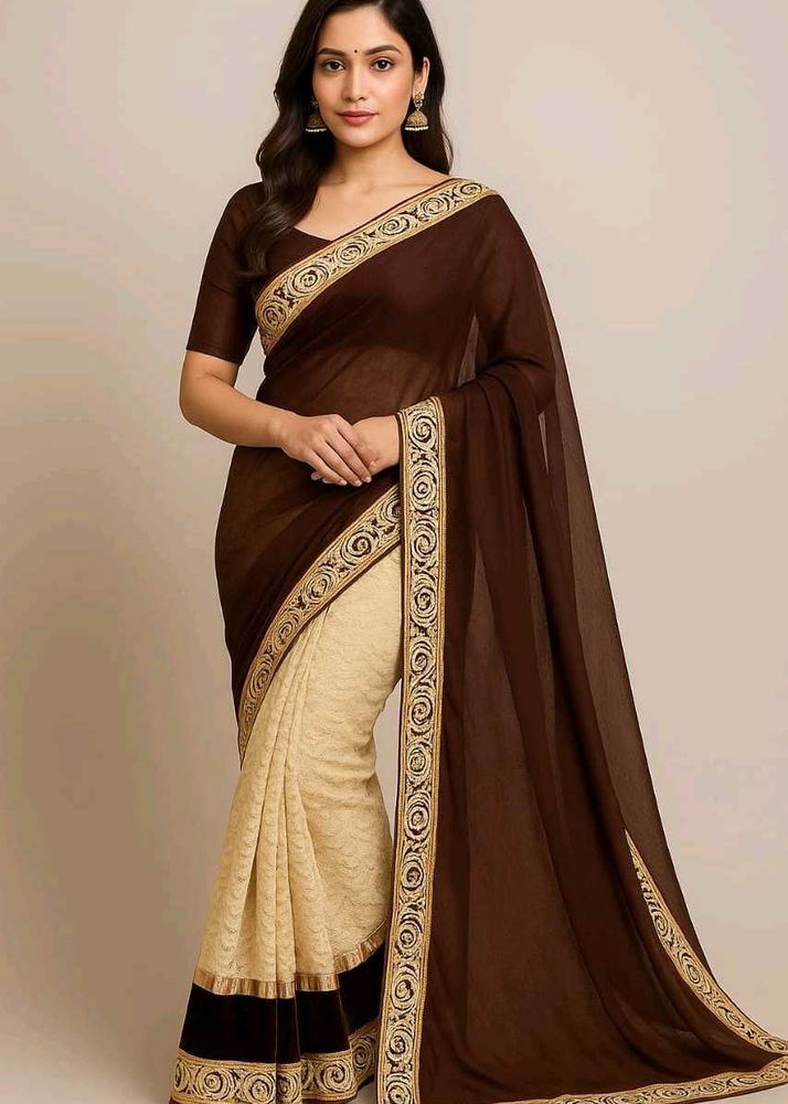 Elegant Brown &amp; Cream Saree