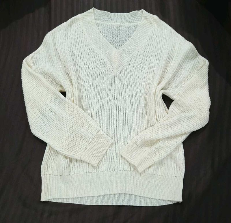 Cream V-Neck Knit Sweater