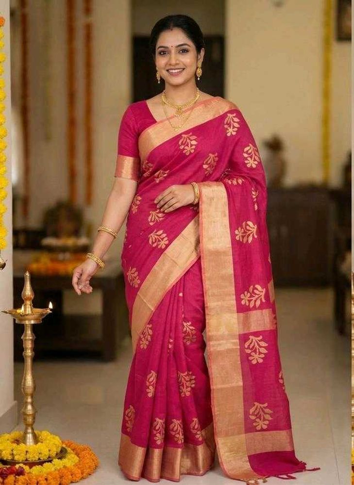 Elegant rose Pink Saree with Golden Motifs