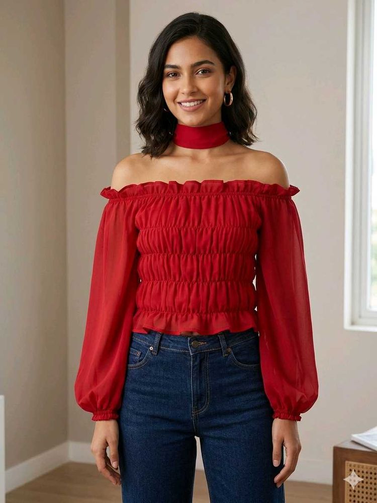 Chic Off-Shoulder Red Smocked Top