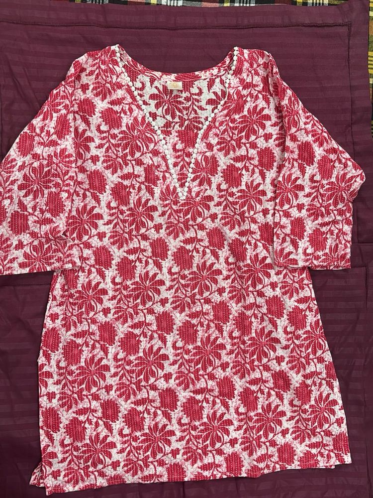 Red Floral Print Kurta