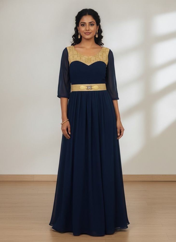 Elegant Navy Blue Gown with Belt attached