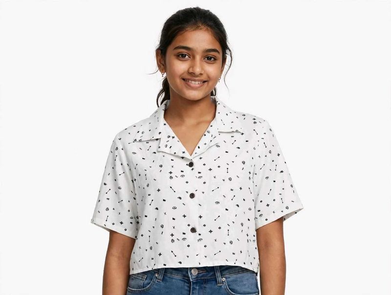 White Crop Shirt with Funky Print