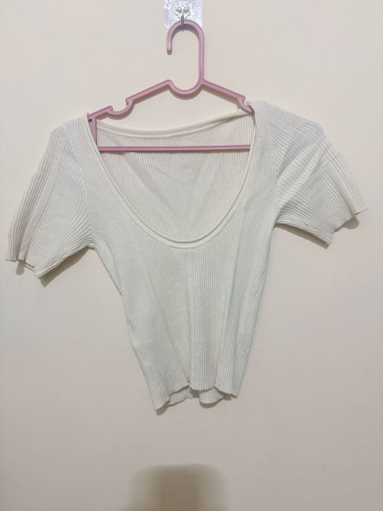 White Ribbed Knit Cropped Top