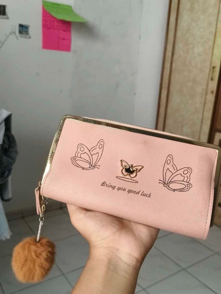Cute Pink Butterfly Wallet with Pom Po