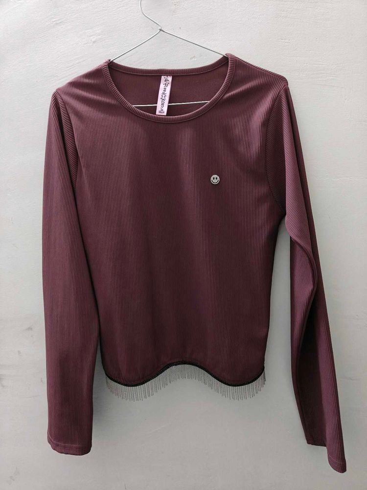 Ribbed Long Sleeve Top with Fringed Hem