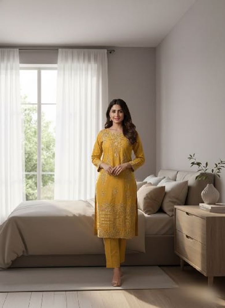 Elegant Mustard Embroidered Kurta Set