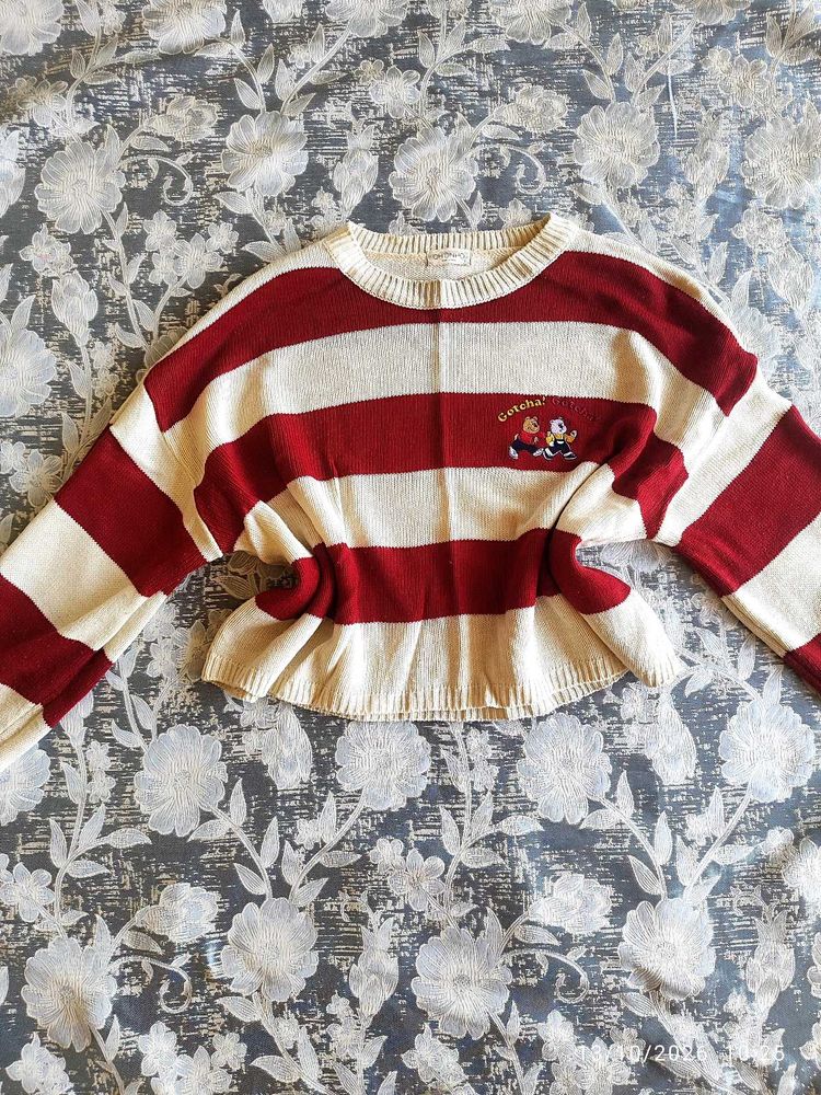 Cute Striped Sweater with Cartoon Character