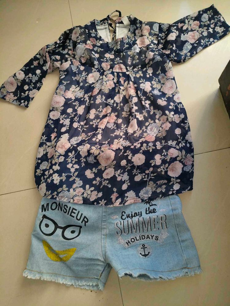 Cute Floral Top &amp; Denim Shorts Set