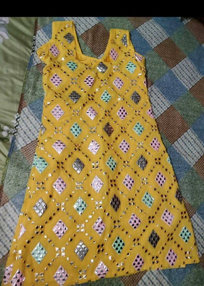 Yellow Kurti with Mirror Work