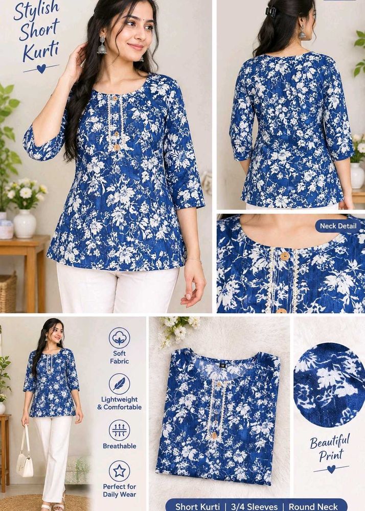 Stylish Blue Floral Print Short Kurti