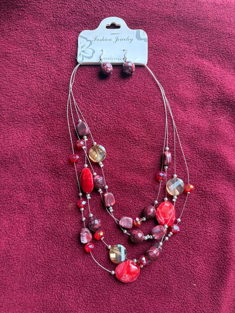 Red Beaded Necklace and Earring Set