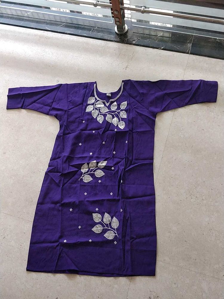 Elegant Purple Kurta with Silver Leaf Embroidery