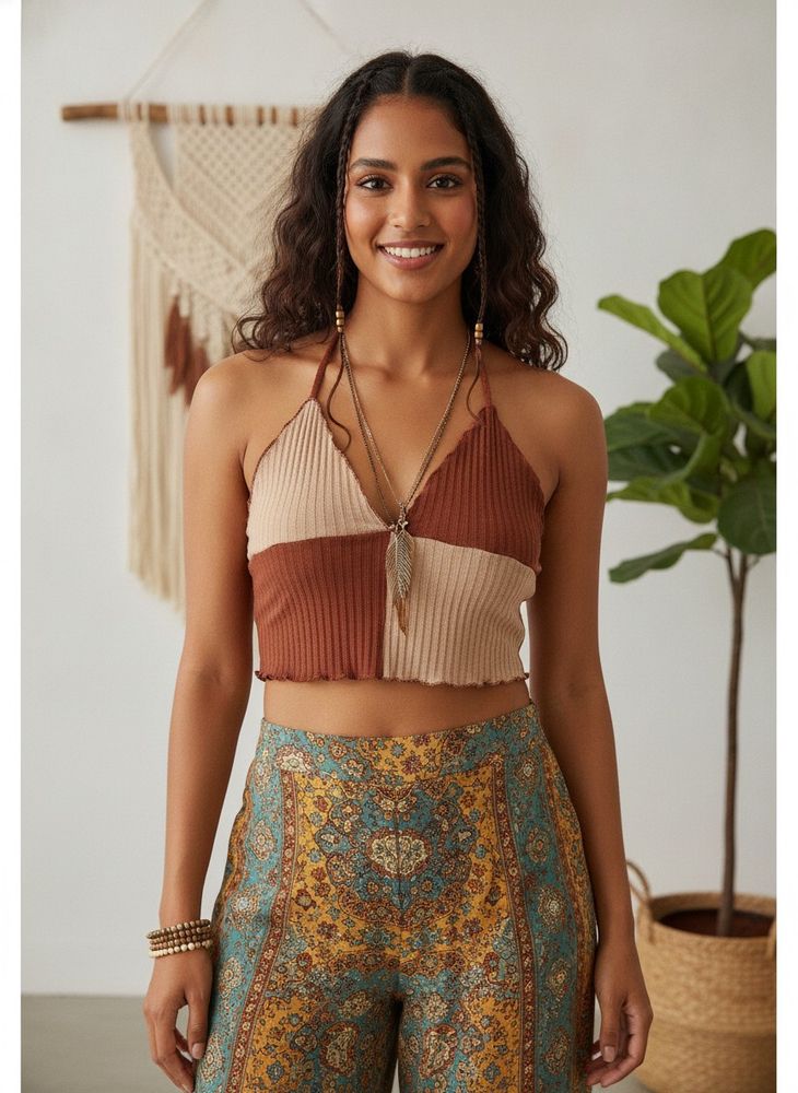 Boho Patchwork Ribbed Halter Top