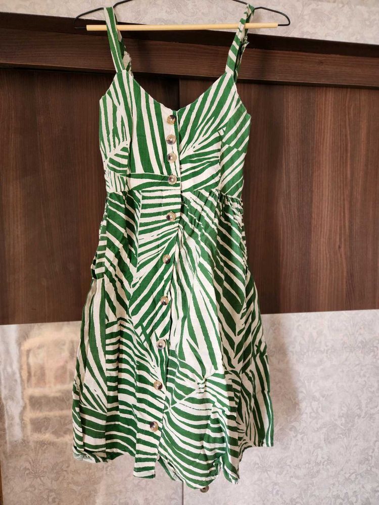 Cotton Green Leaf Print Button-Up Mini Dress