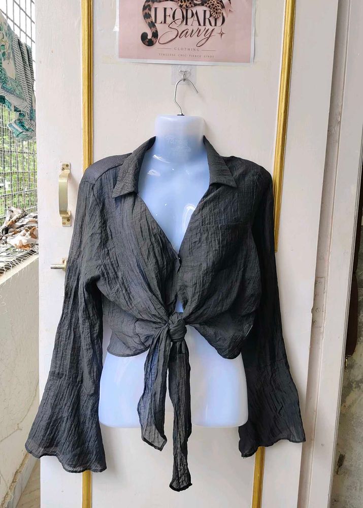 Sheer Bell Sleeve Tie Front Shirt