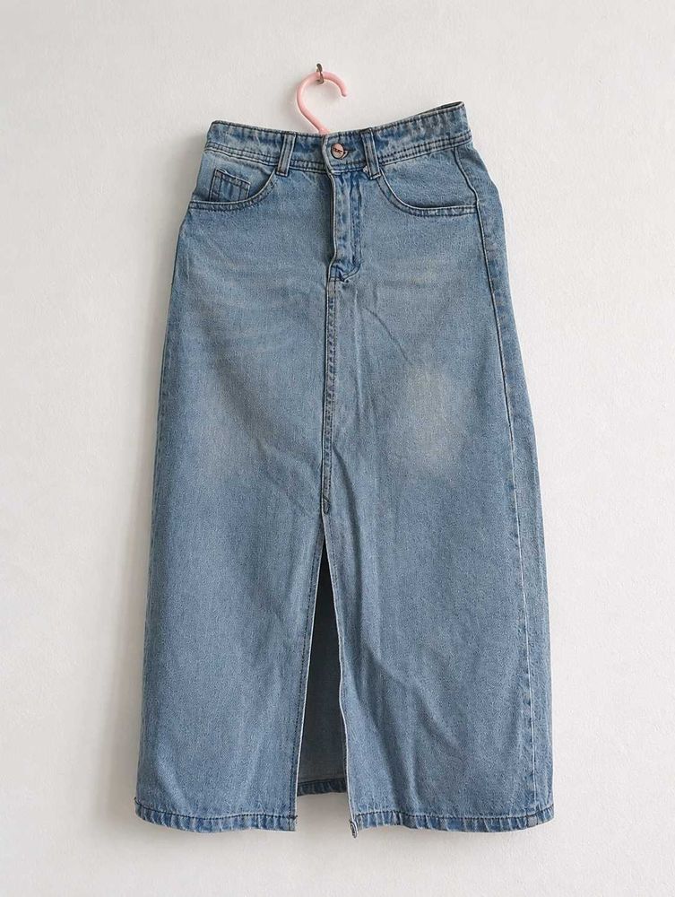 Blue Denim Maxi Skirt with Front Slit