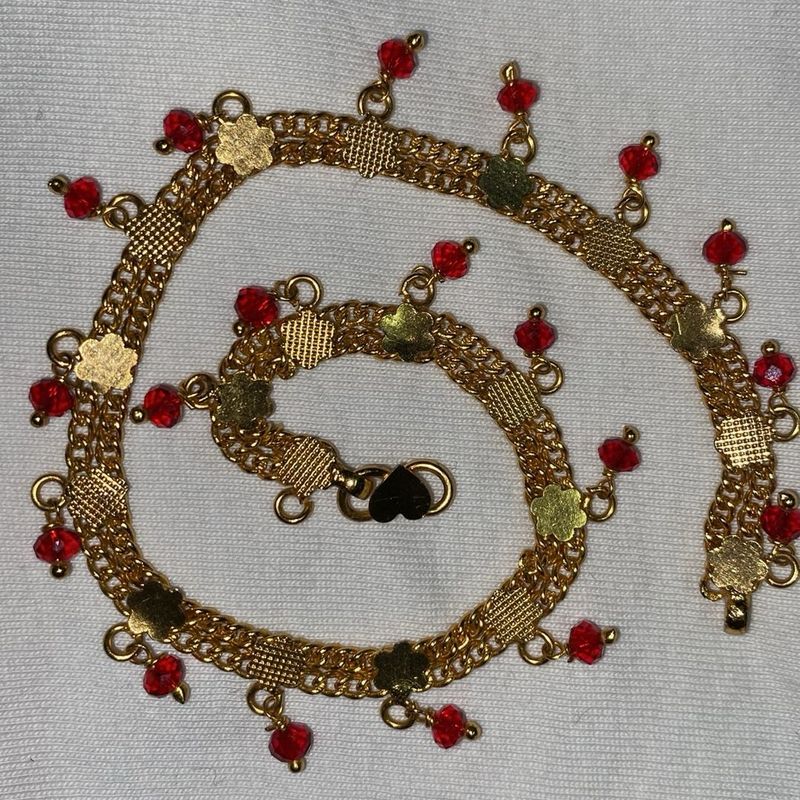 Gold Anklets with Red Beads