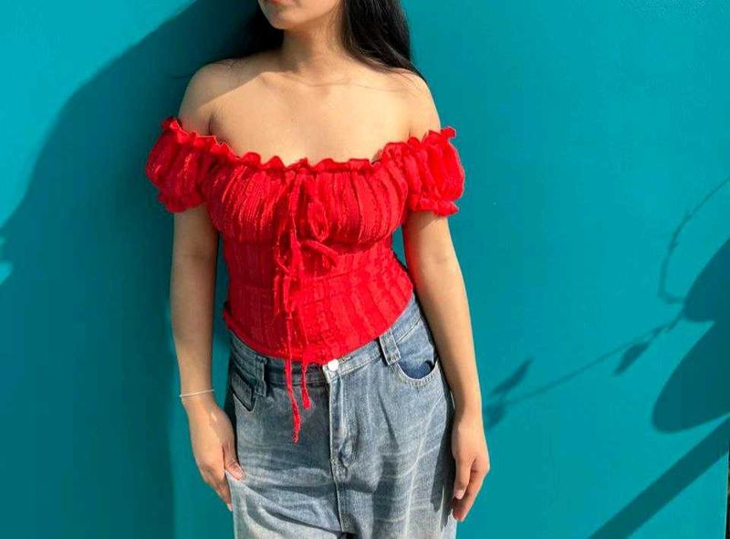 Red Off-Shoulder Smocked Top