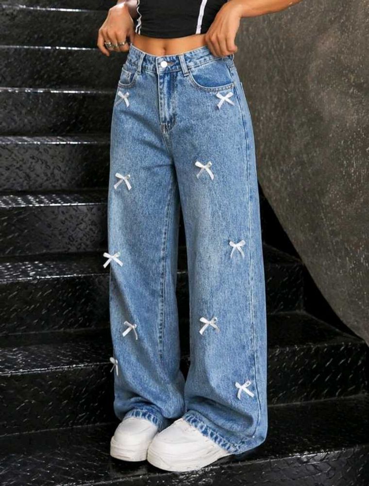 Cute Bow Detailed Wide Leg Jeans