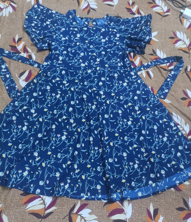Blue Floral Frock With Designer Sleeves