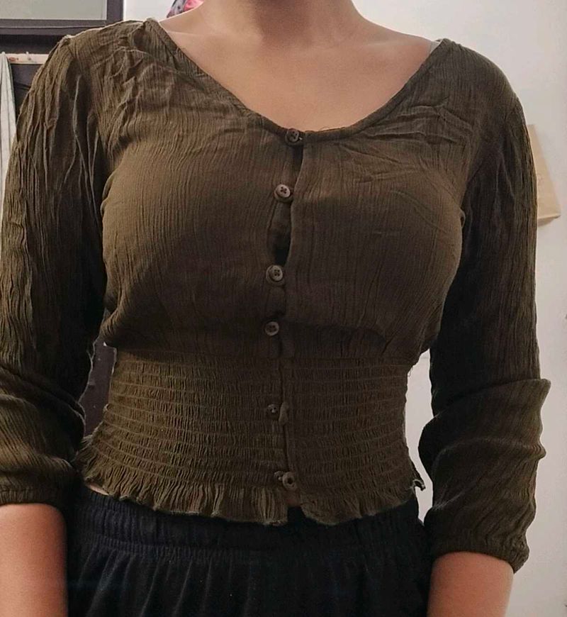 Green Button-Up Smocked Top