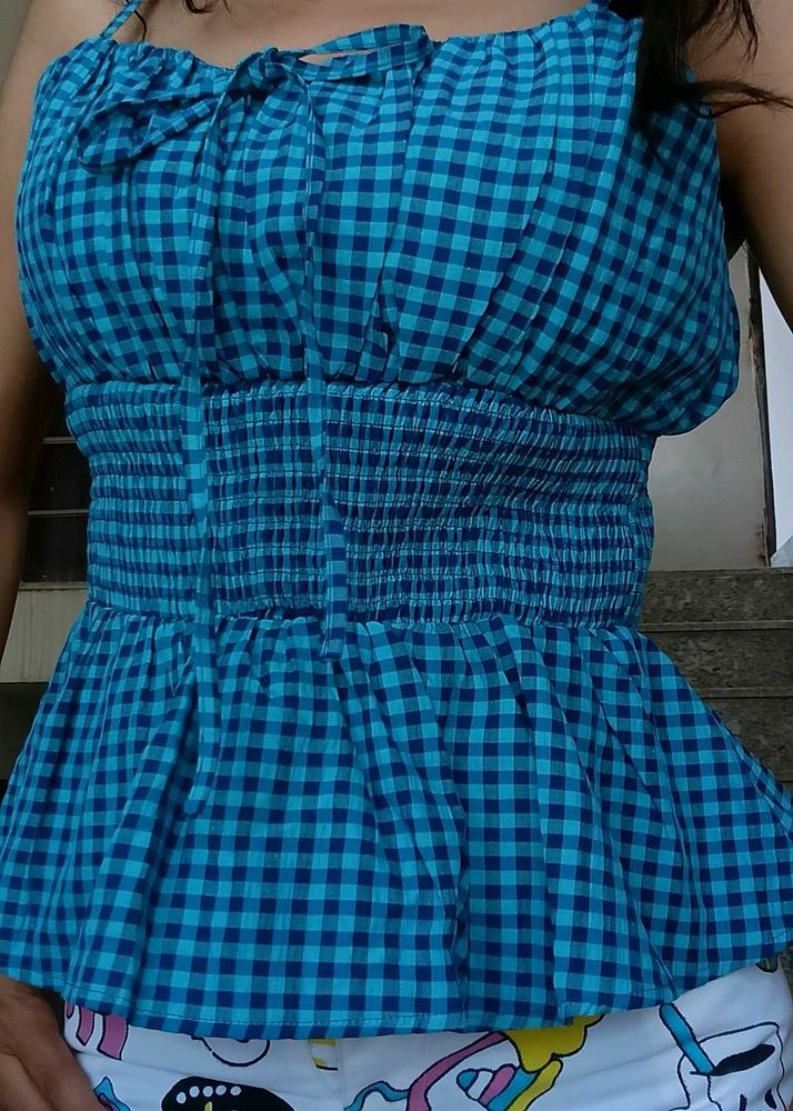Blue Gingham Smocked Peplum Top