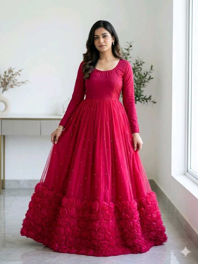 Stunning Red Gown with Floral Hem