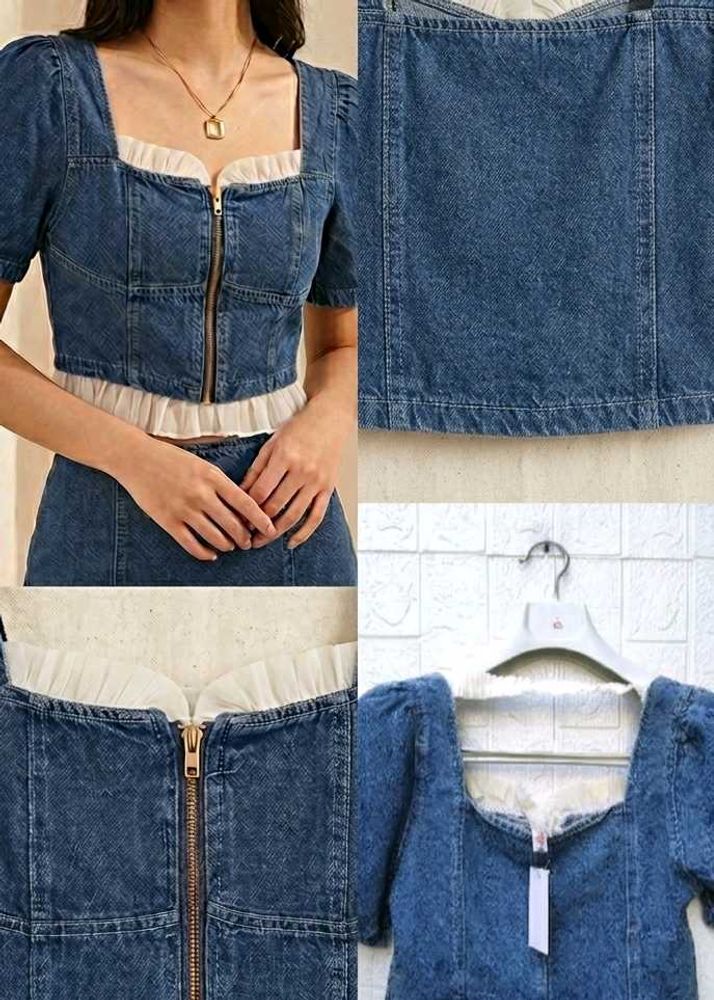 Korean denim top front zip
