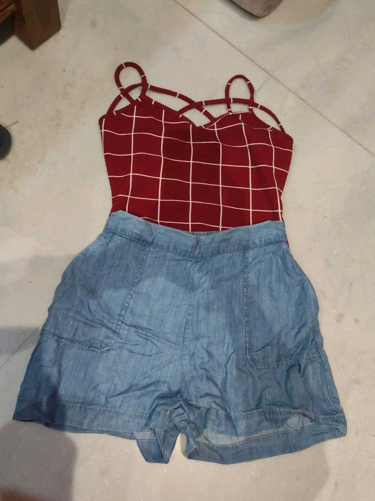 Red Plaid Crop Top with Denim Shorts Set