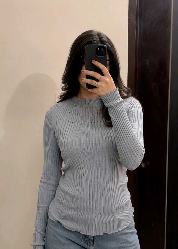 Light Blue Ribbed Mock Neck Top