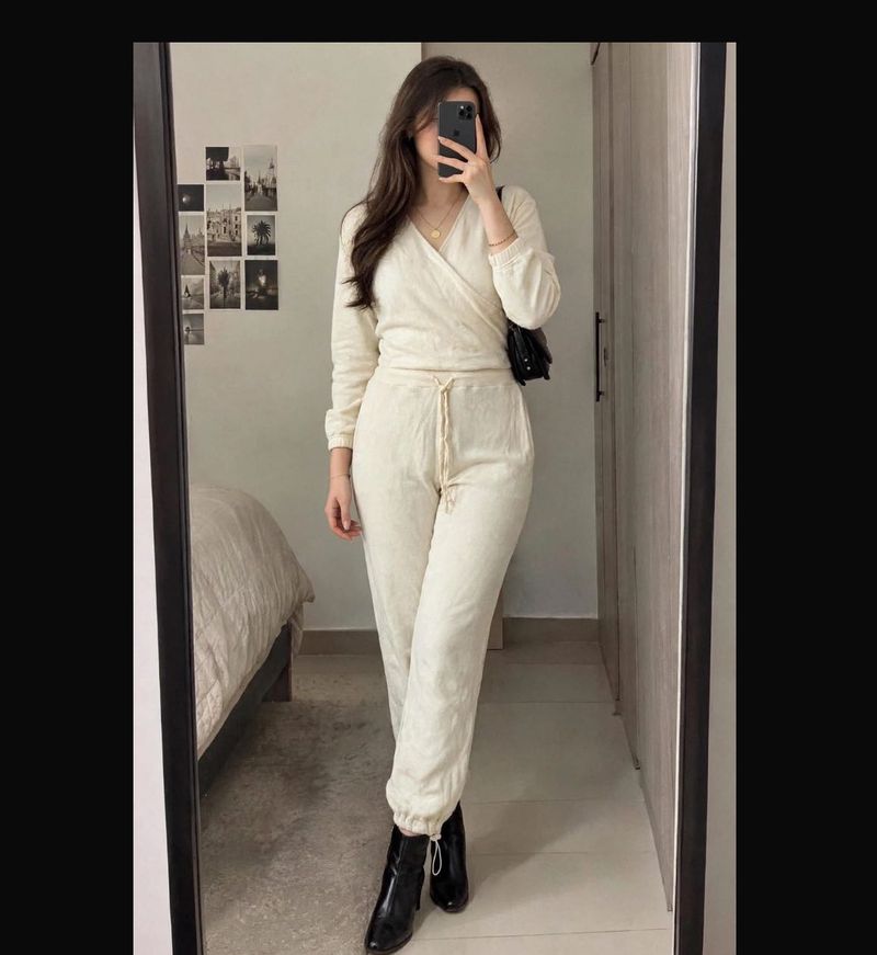 korean Cozy Cream Wrap jumpsuit Set