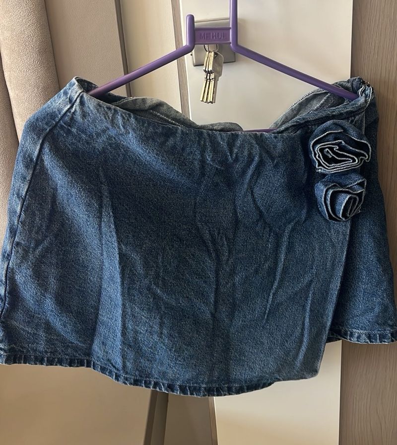 Denim Skirt with Rose Detail