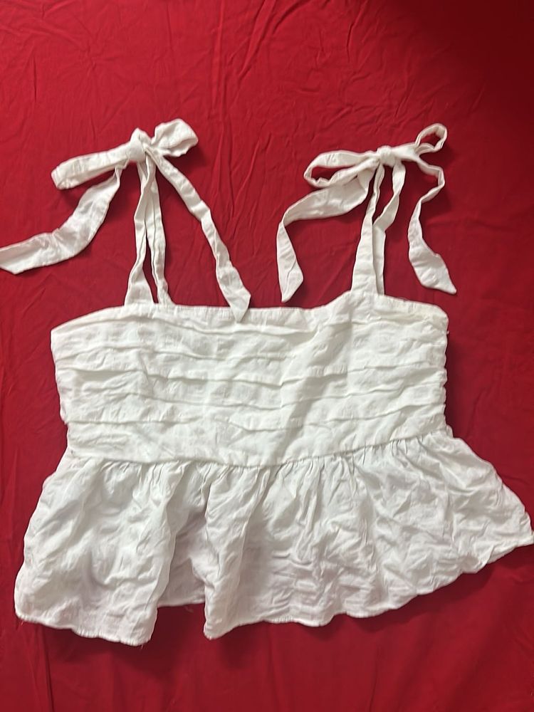 H&amp;M White Tie-Strap Peplum Top