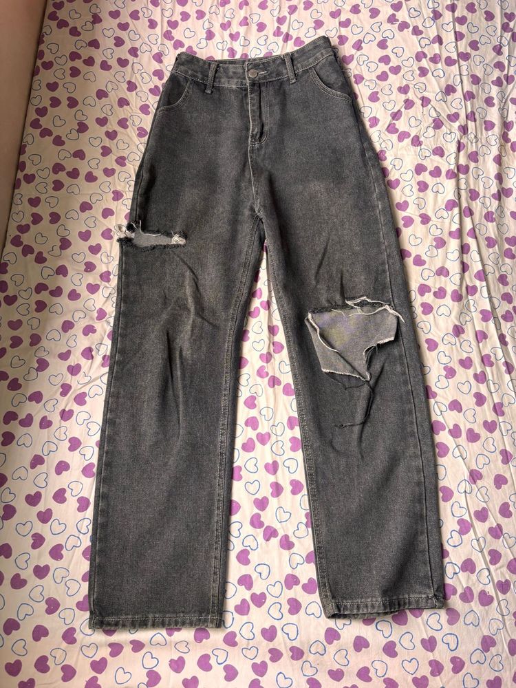 Grey Ripped Wide Leg Jeans