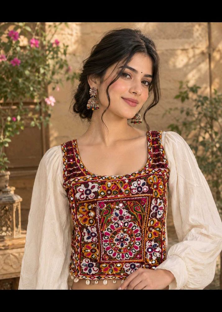 Embroidered Crop Top with Bell Sleeves