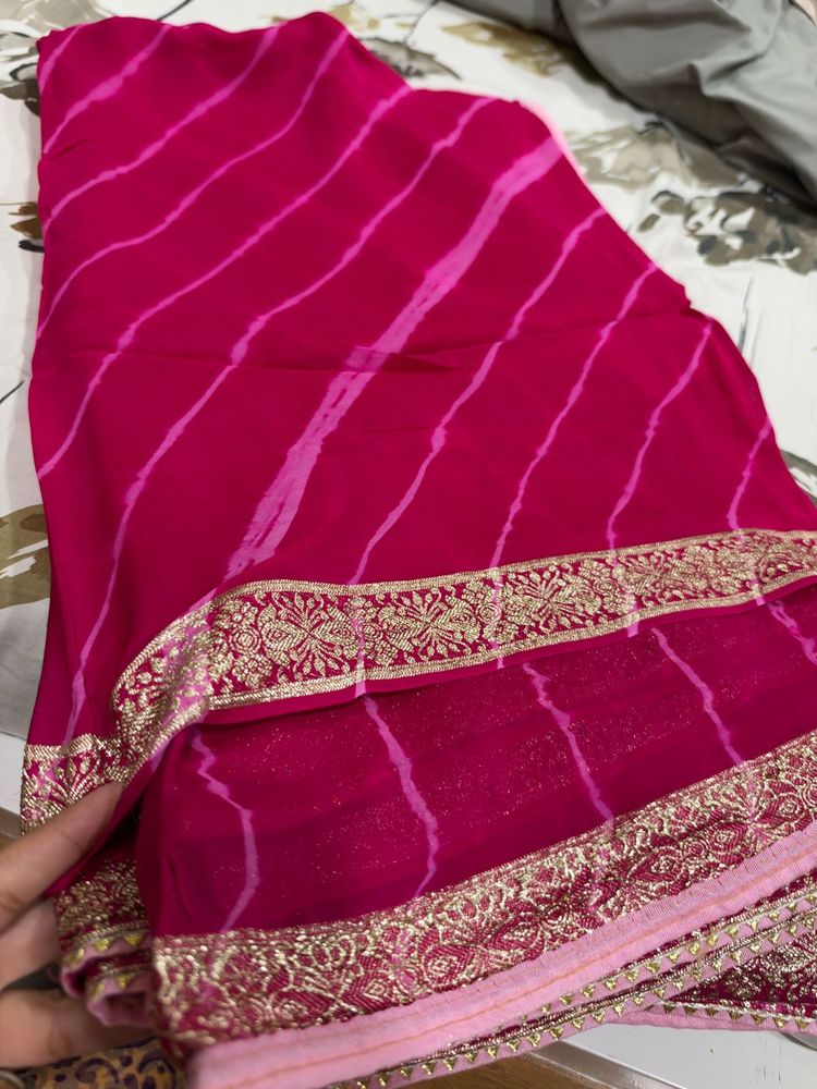 Vibrant Pink Saree with Golden Border
