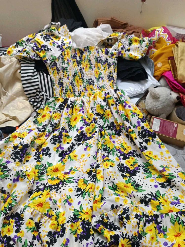Floral Print Off-Shoulder Smocked Dress