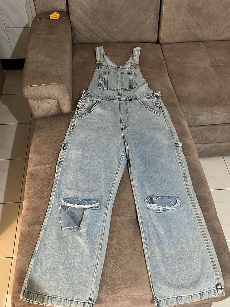 Ripped Denim Overalls
