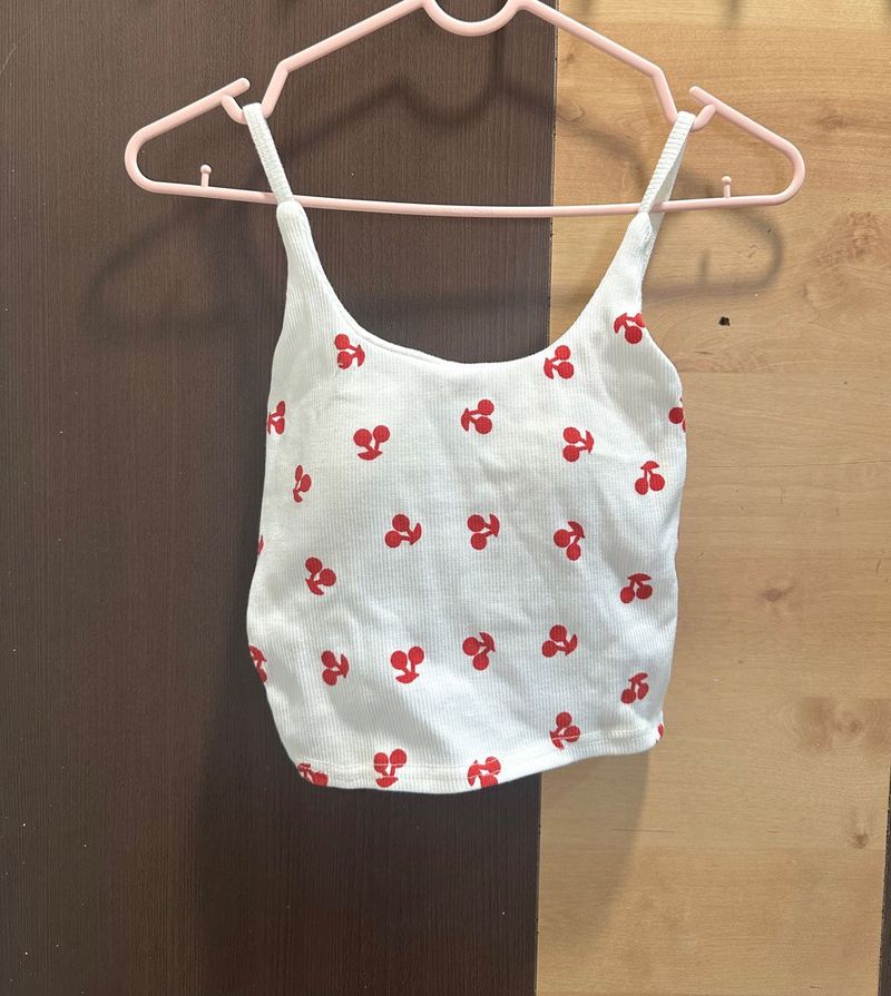 White Cherry Print padded crop Top