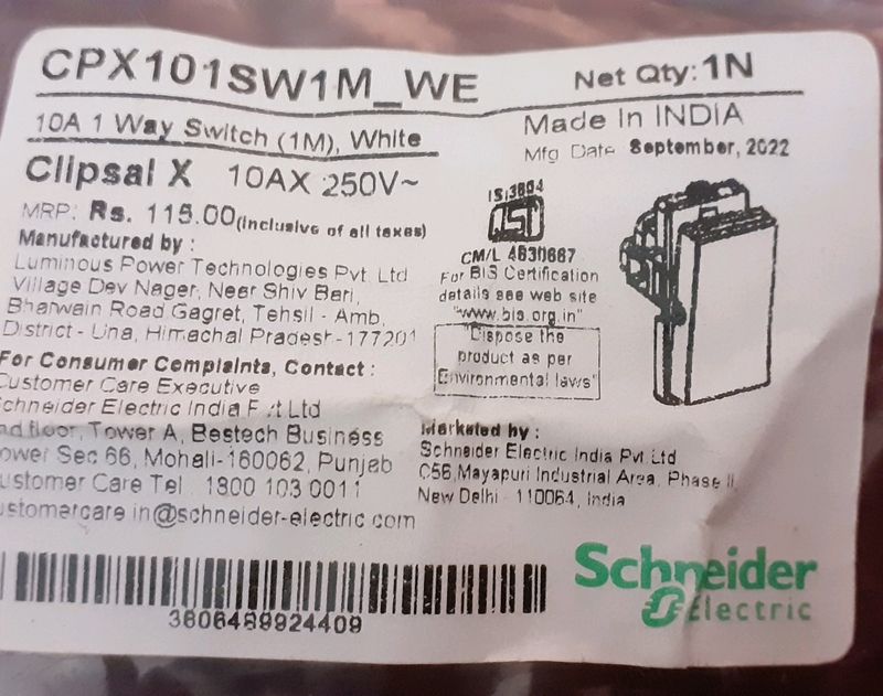 Schneider electric Opale-6A 1 Way Switch