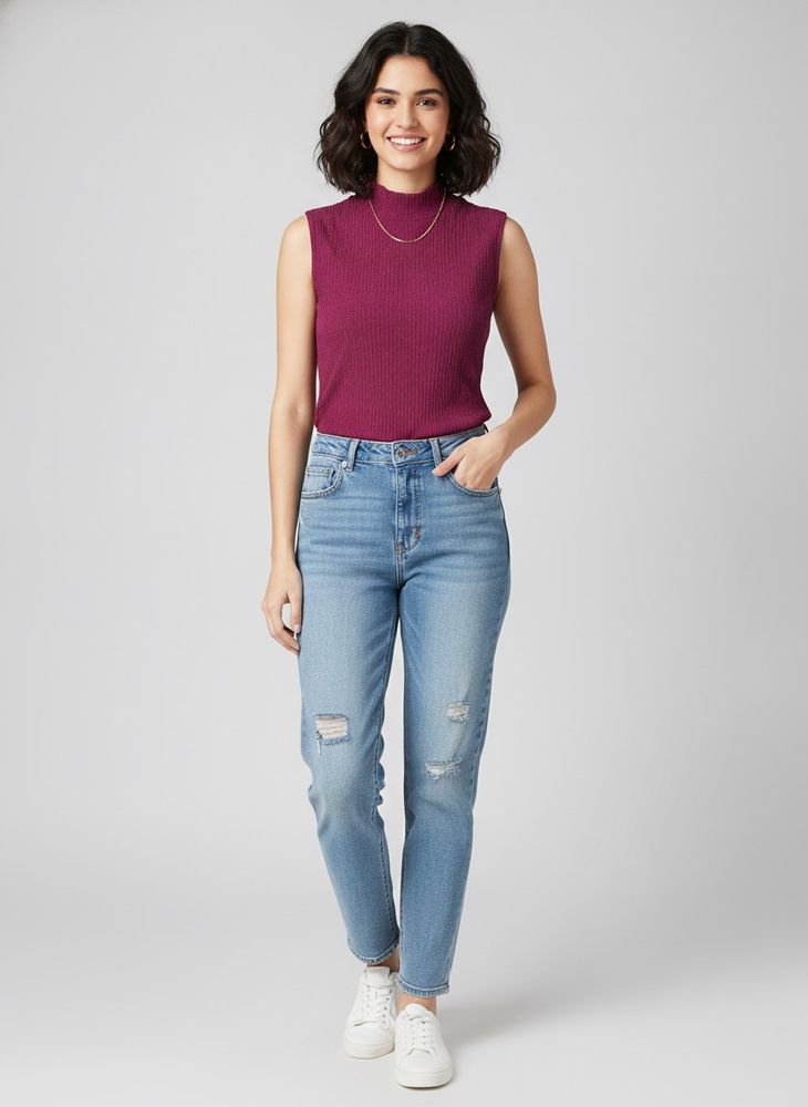 Sleeveless Mock Neck Textured Top