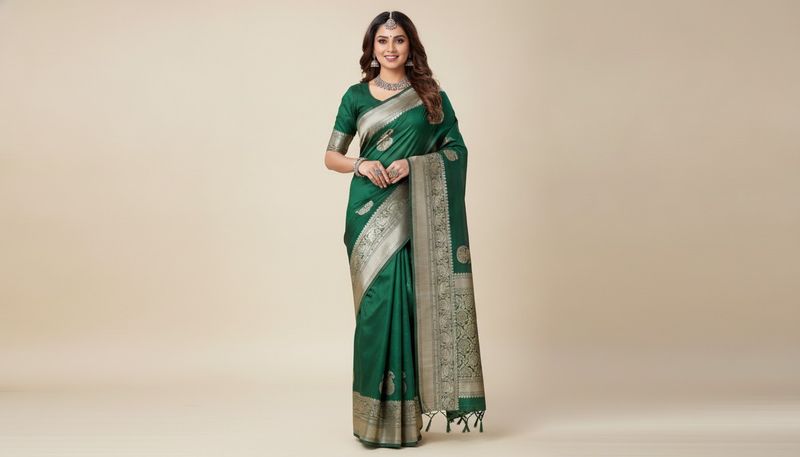 New Elegant Green Saree with Silver Border